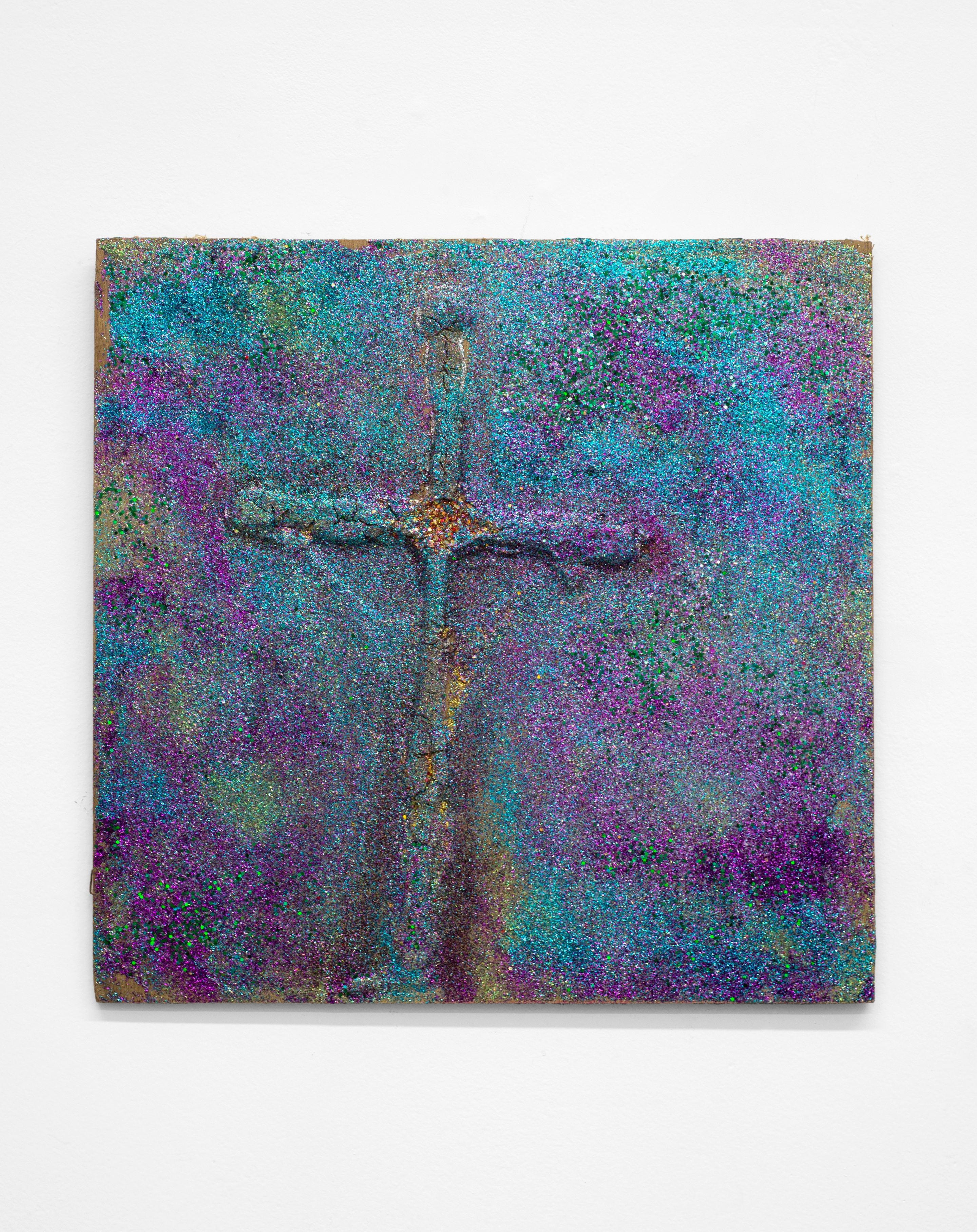 Cédric Fargues – Crucifixion (2019). Glue and glitter on board. 12h x 12w inches