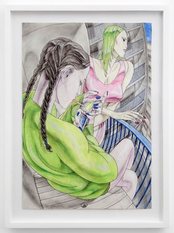 David Rappeneau, Untitled (2014). Acrylic, ballpoint pen, pencil, charcoal pencil and fluorescent marker on paper.